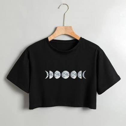Womens Moon Phases Graphic Crop Top Tee Black
