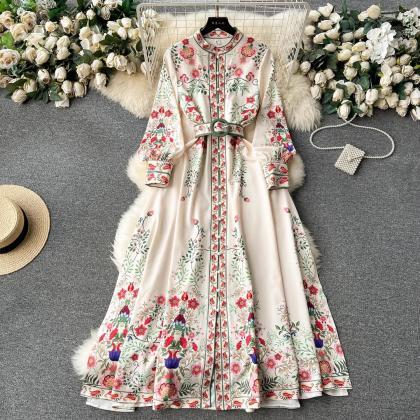 Womens Elegant Floral Embroidered Long Sleeve Maxi..