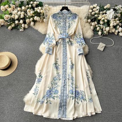 Womens Elegant Floral Embroidered Long Sleeve Maxi..