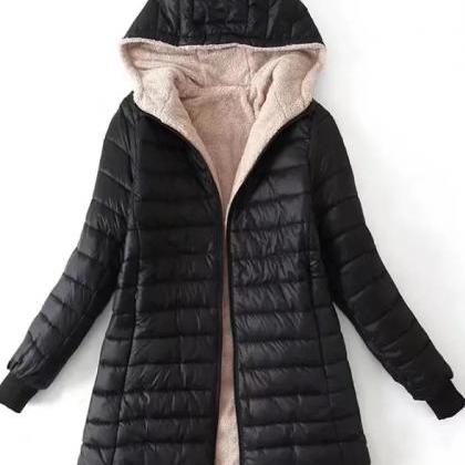 Womens Hooded Fleece-lined Long Winter Coat Jacket