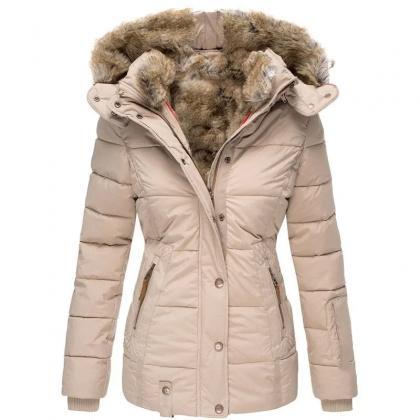 Womens Insulated Parka Jacket With Faux Fur Hood