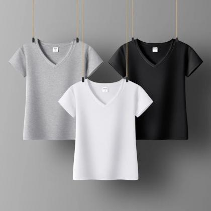 Classic V-neck Short Sleeve T-shirt - Basic Solid..