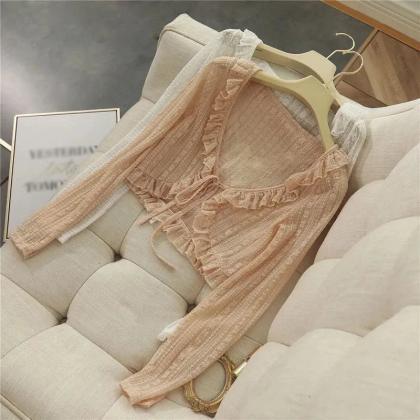 Bohemian Ruffle Lace-up Front Beige Blouse For..