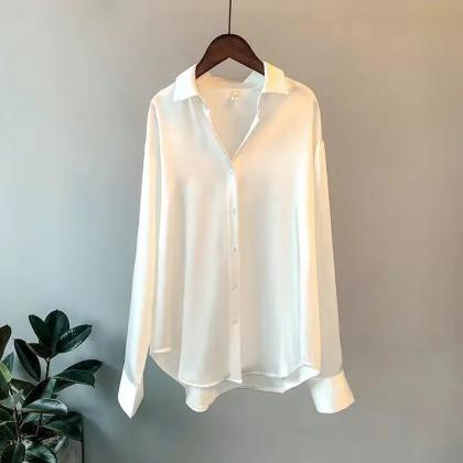 Womens Satin Button-down Shirt Long Sleeve Elegant..
