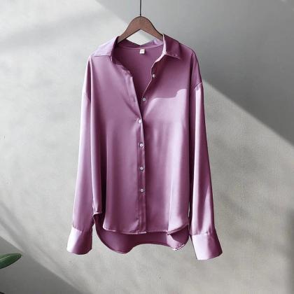 Womens Satin Button-down Shirt Long Sleeve Elegant..