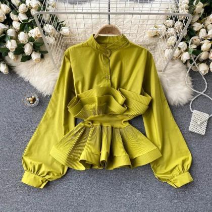 Womens Chartreuse Pleated Ruffle Detail Blouse..