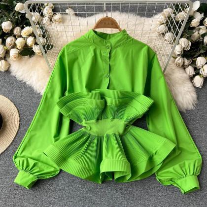 Womens Chartreuse Pleated Ruffle Detail Blouse..