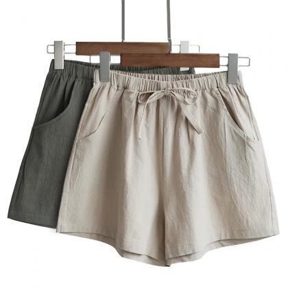 Casual Linen Drawstring Shorts With Pockets For..