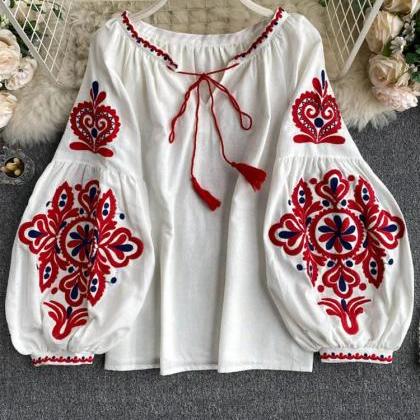 Bohemian Embroidered Peasant Blouse With Tassel..