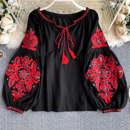 Bohemian Embroidered Peasant Blouse With Tassel..