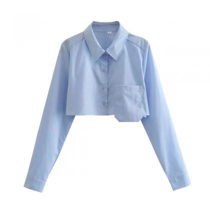 Womens Cropped Light Blue Button-up Casual Shirt