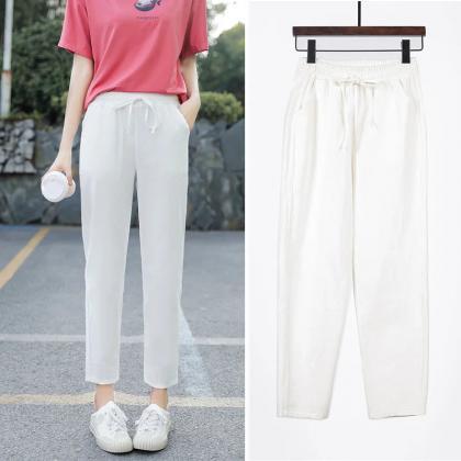 Casual Elastic Waist Solid Color Linen Trousers