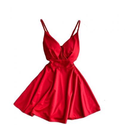 Elegant Red Satin V-neck Skater Dress For Women