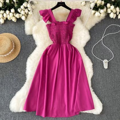 Elegant Magenta Smocked Midi Dress With Ruffle..