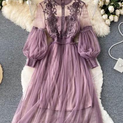 Elegant Tulle Puff Sleeve Embroidered Maxi Dress..