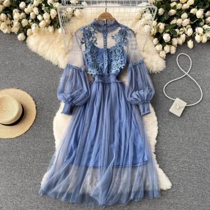 Elegant Tulle Puff Sleeve Embroidered Maxi Dress..