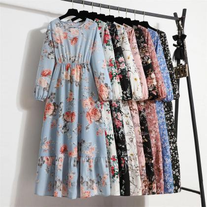 Womens Floral Print Long Sleeve Casual Dresses..