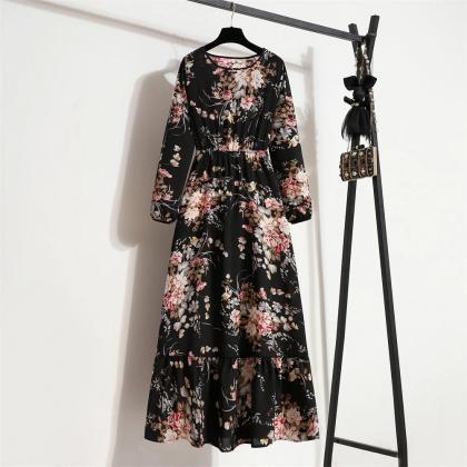 Womens Floral Print Long Sleeve Casual Dresses..