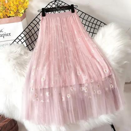 Womens Floral Embroidered Tulle Midi Skirt Spring..