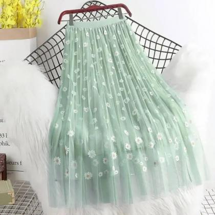 Womens Floral Embroidered Tulle Midi Skirt Spring..