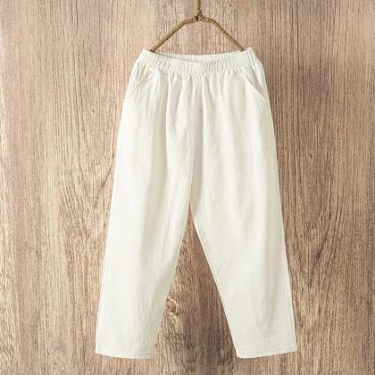 Casual Elastic Waist Solid Color Cotton Trousers