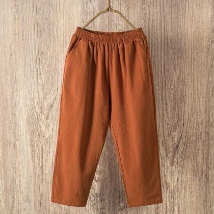 Casual Elastic Waist Solid Color Cotton Trousers