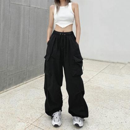 Casual High-waist Cargo Pants With Elastic Ankle