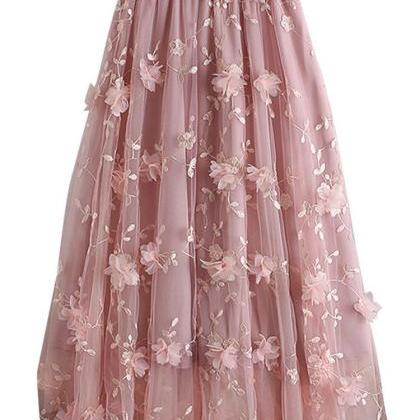Womens Floral Embroidered Tulle Midi Skirt Elegant..