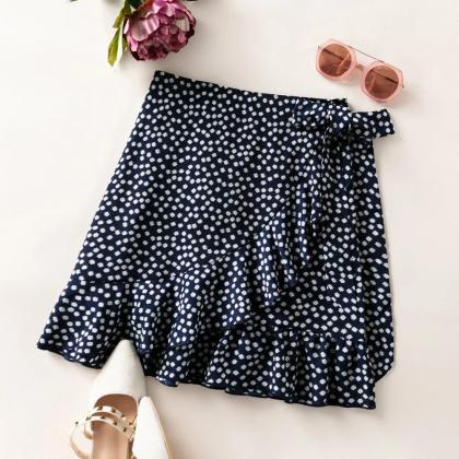 Womens Black Floral Print Ruffle Hem Wrap Skirt