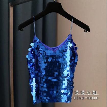 Sequined Spaghetti Strap Tank Tops In Various..