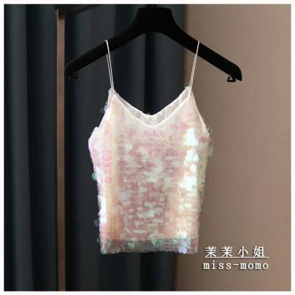 Sequined Spaghetti Strap Tank Tops In Various..