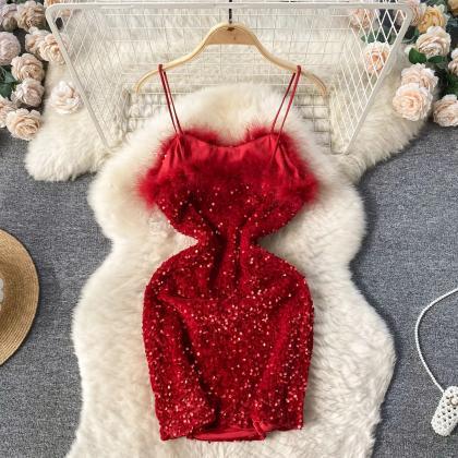 Womens Red Sequin Feather Trim Party Dress