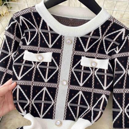 Geometric Print Knit Cardigan With Contrast Trim