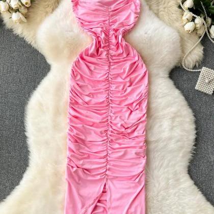 Elegant Pink Satin Evening Gown With Rose Detail