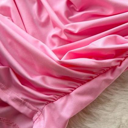 Elegant Pink Satin Evening Gown With Rose Detail