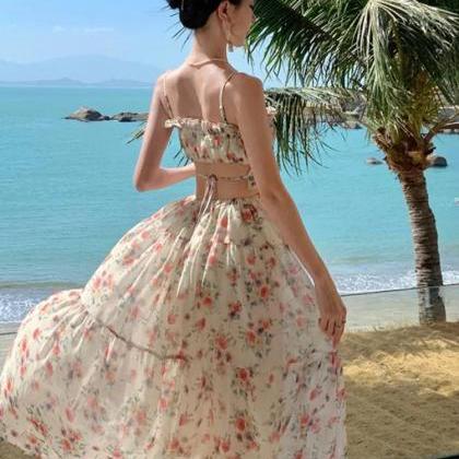 Sexy A line Spaghetti Straps Blue Floral Backless Holiday Beach Dress Women's Long Vacation Dresses