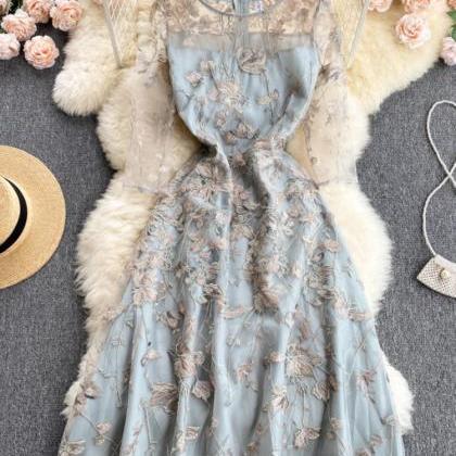 Floral Embroidered Mesh Long Sleeve Midi Dress