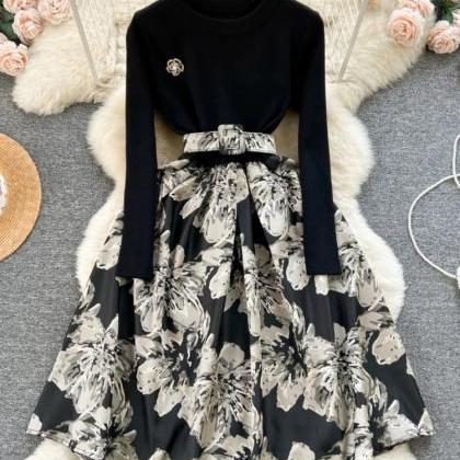 Cotton A-Line Long Sleeve Belted Dress - Lotus Print