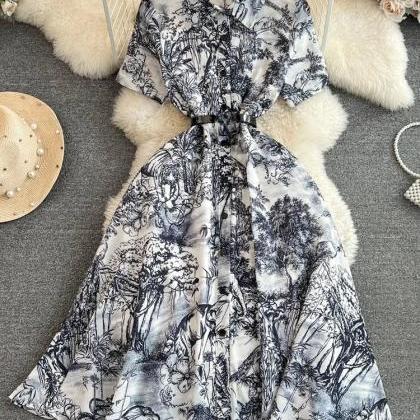 Classic Blue Printed Button-Down Belted Shirt Midi Dress for Women