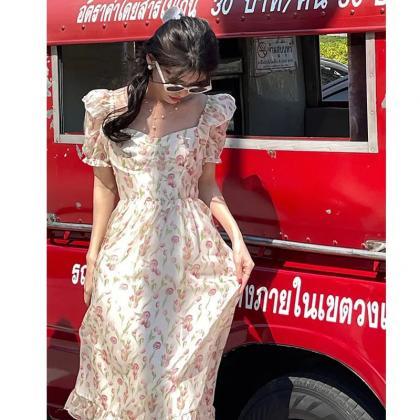 Square-Neck Puff-Sleeve Ruched Floral A-Line Dress main image 1
