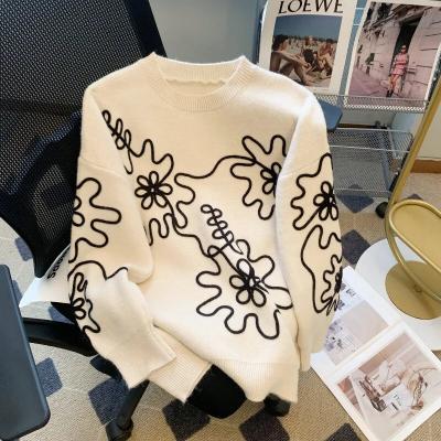 Vintage Loose Women's Sweater Floral Korean Jumpers Autumn/Winter Clothing Long Sleeve O-Neck Knitwear Women Pullovers