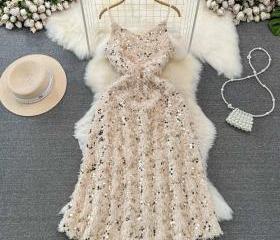 Baroque Nights Feathered Hem Square Neck Embellished Sequin Midi Dress Gold