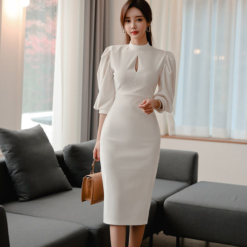 Elegant High Neck Puff Sleeves White Dresses For Women