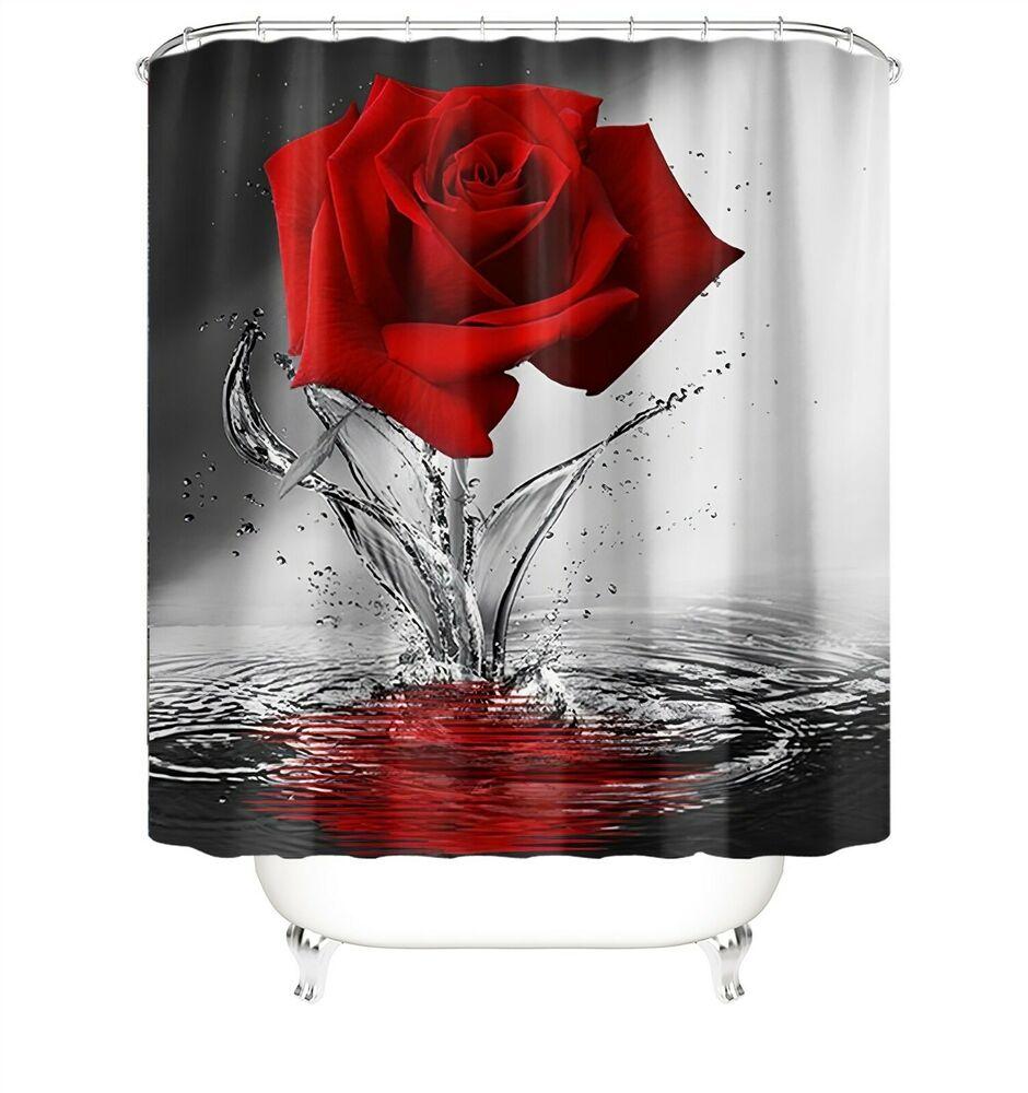 3d Rose Shower Curtain & Mats 4pcs/set With Hooks