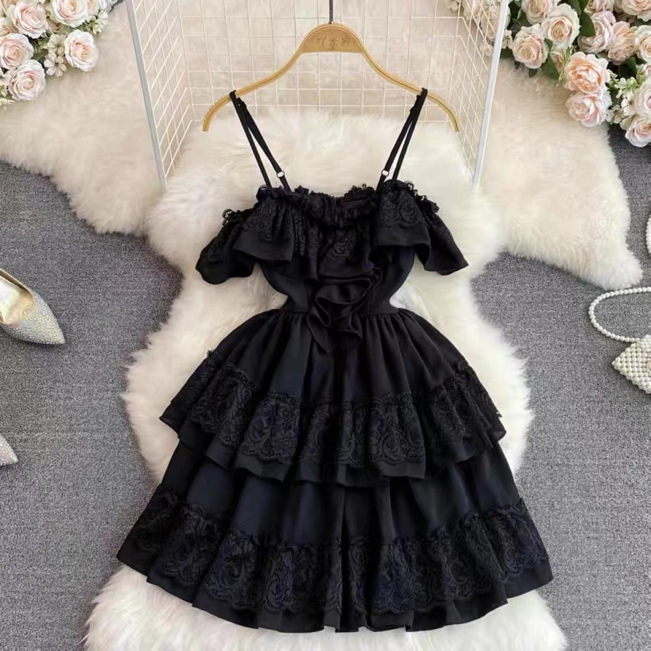 Elegant Black Ruffled Tiered Dress With Lace Detailing
