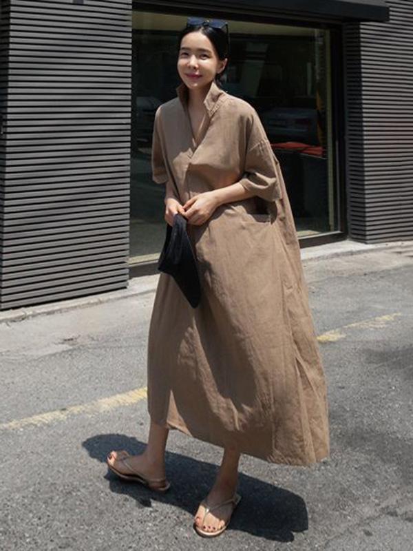 Casual Cozy V-neck Linen Short Sleeves Brown Long Dress