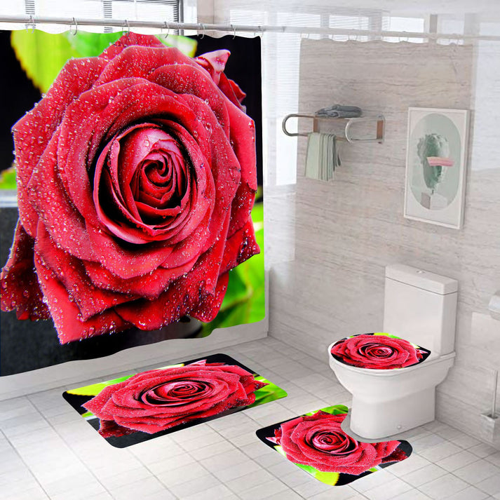 3d Rose Shower Curtain & Mats 4pcs/set With Hooks
