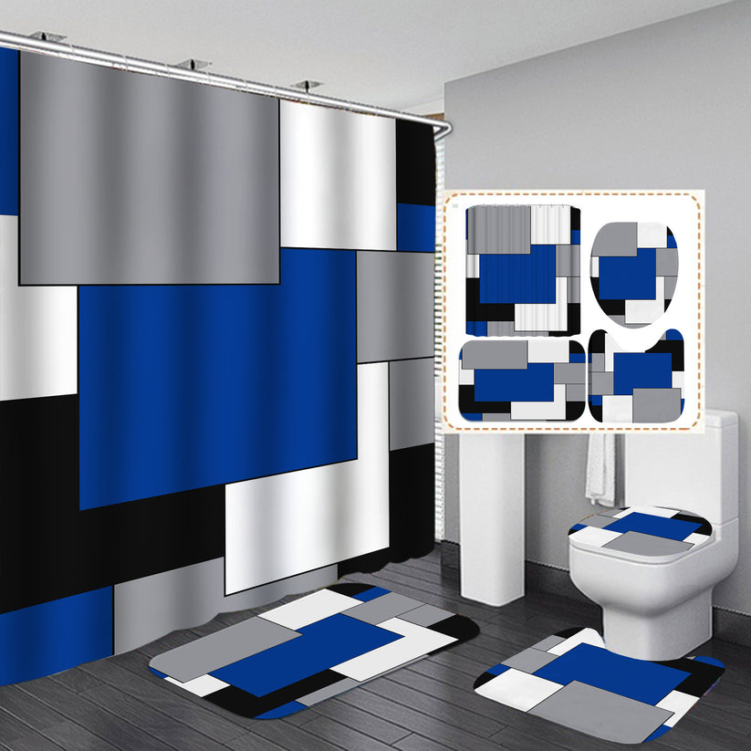 Navy Blue 3d Lattice Shower Curtain Set Bathroom Rug Bath Mat Non-slip Toilet Lid Cover