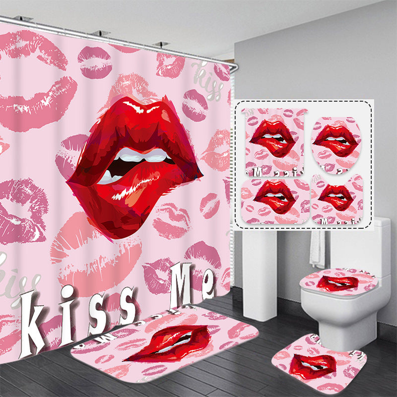3d Red Lips Fabric Shower Curtain Sets With Bath Rugs