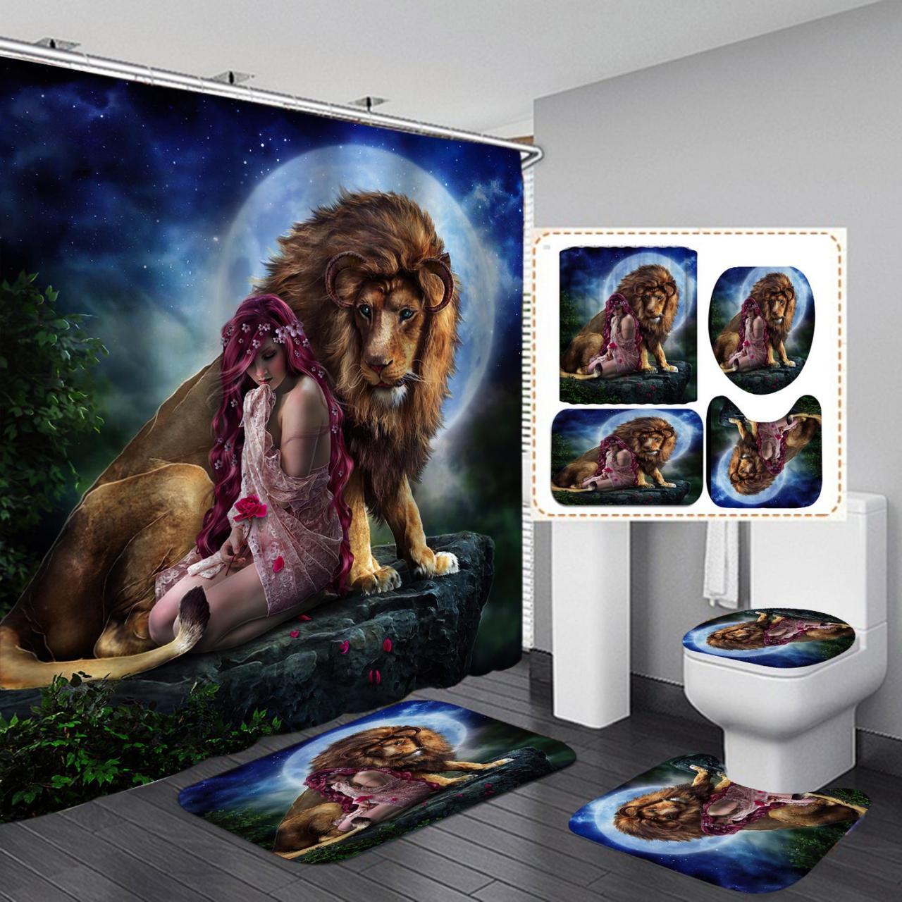 3d Lion & Beauty Design Shower Curtain Bathroom Sets Non-slip Toilet Lid Cover